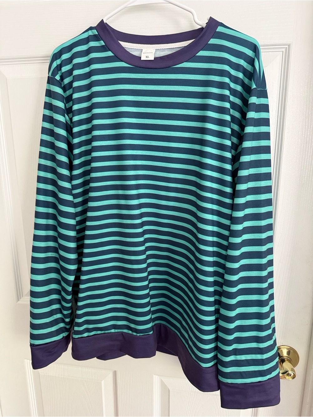 Striped Long-Sleeve Crewneck Top in Teal and Navy. Brand new, Size XL